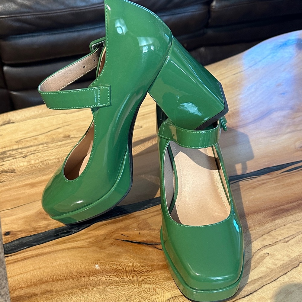 Green Patent Mary Janes with chunky heels